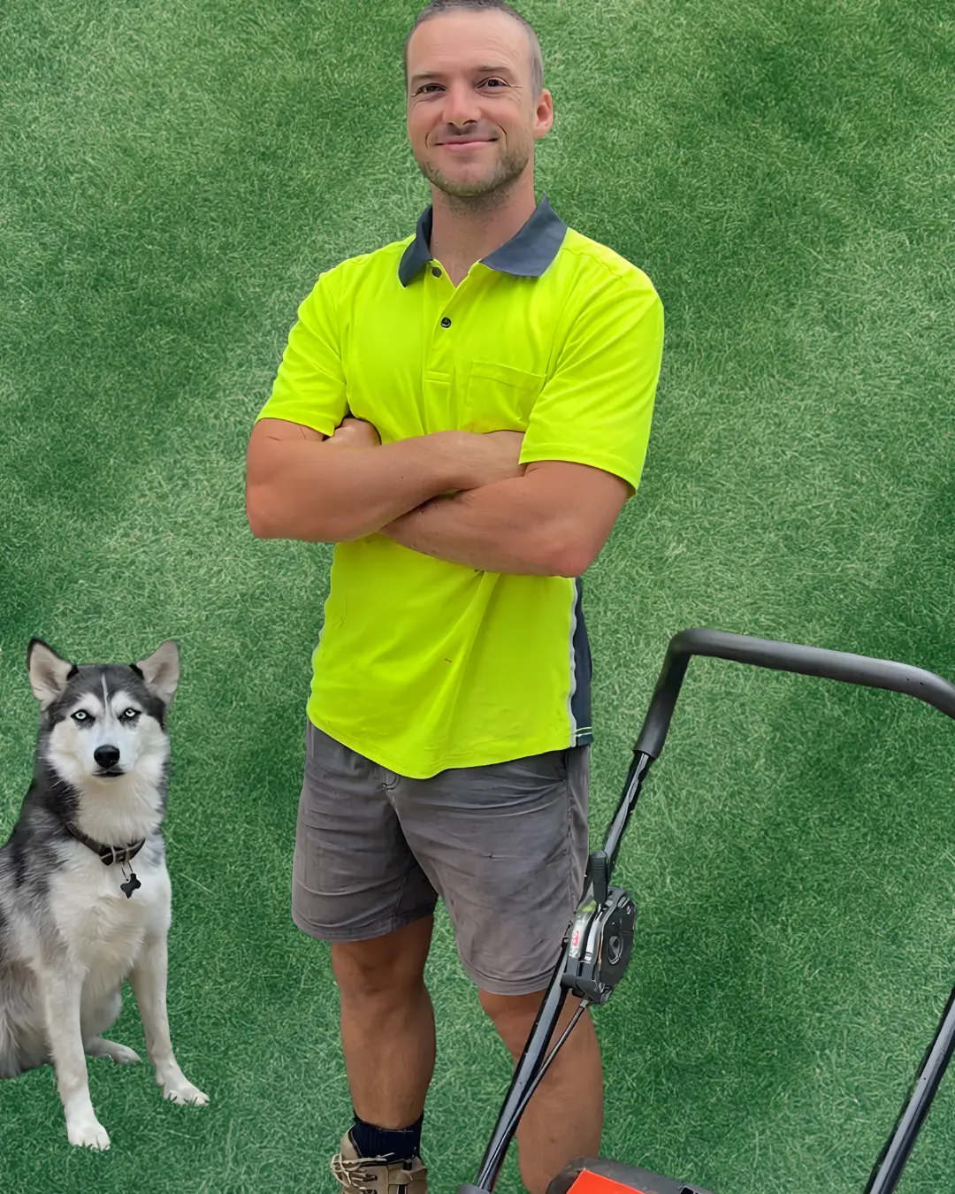 Property care worker in a high-visibility shirt standing beside a husky and lawn mower