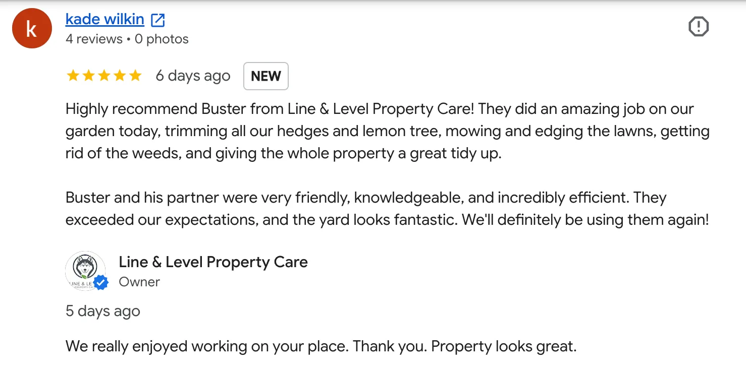 Screenshot of a customer Google review for Line & Level Property Care