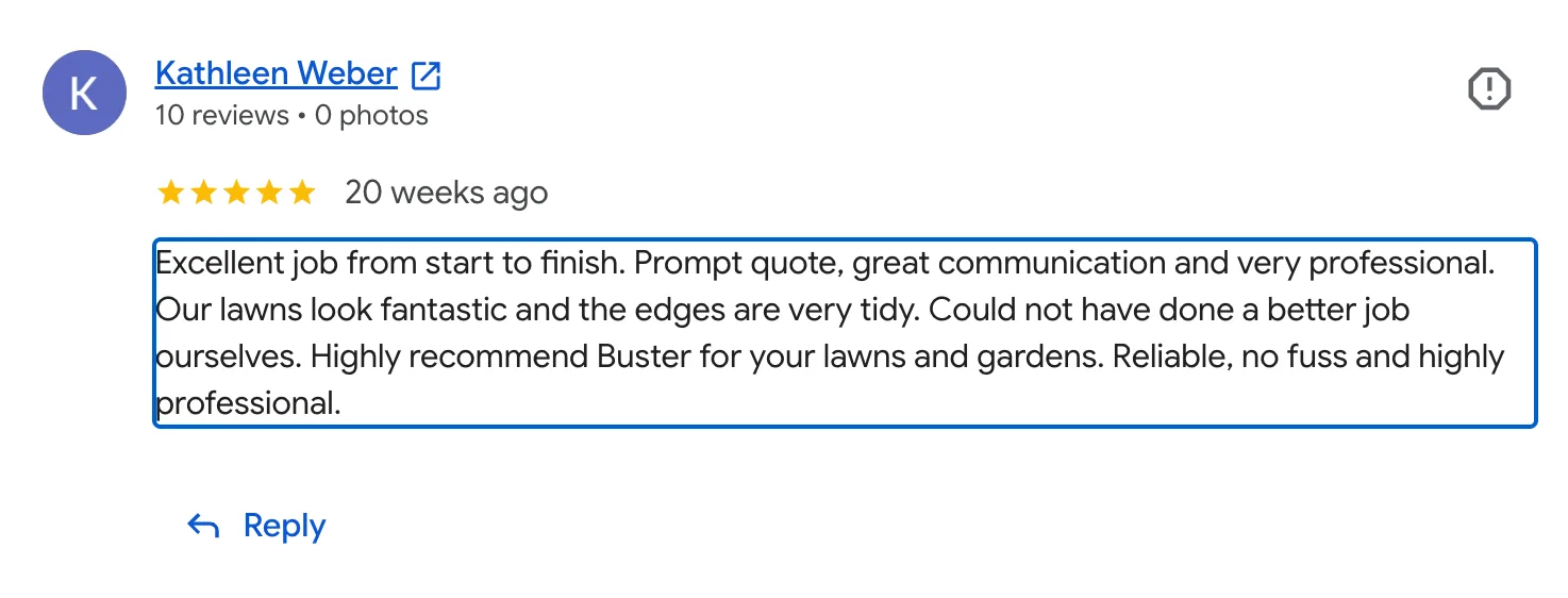 Screenshot of a customer Google review for Line & Level Property Care