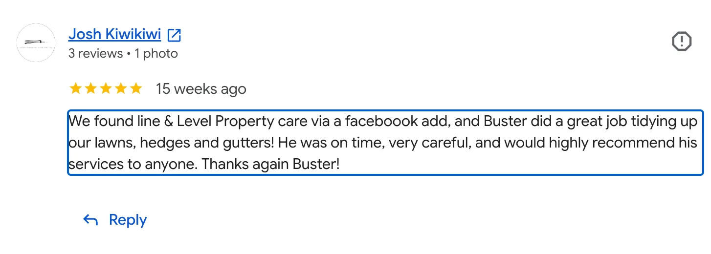 Screenshot of a customer Google review for Line & Level Property Care