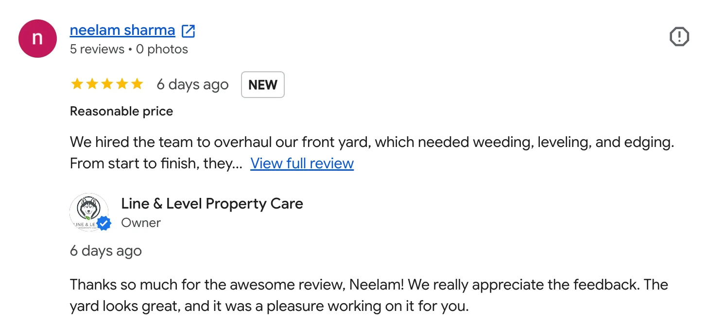 Screenshot of a customer Google review for Line & Level Property Care