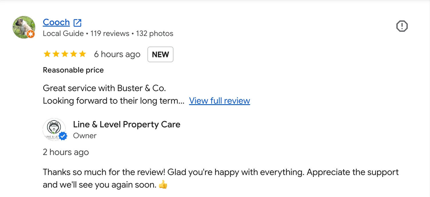 Screenshot of a customer Google review for Line & Level Property Care